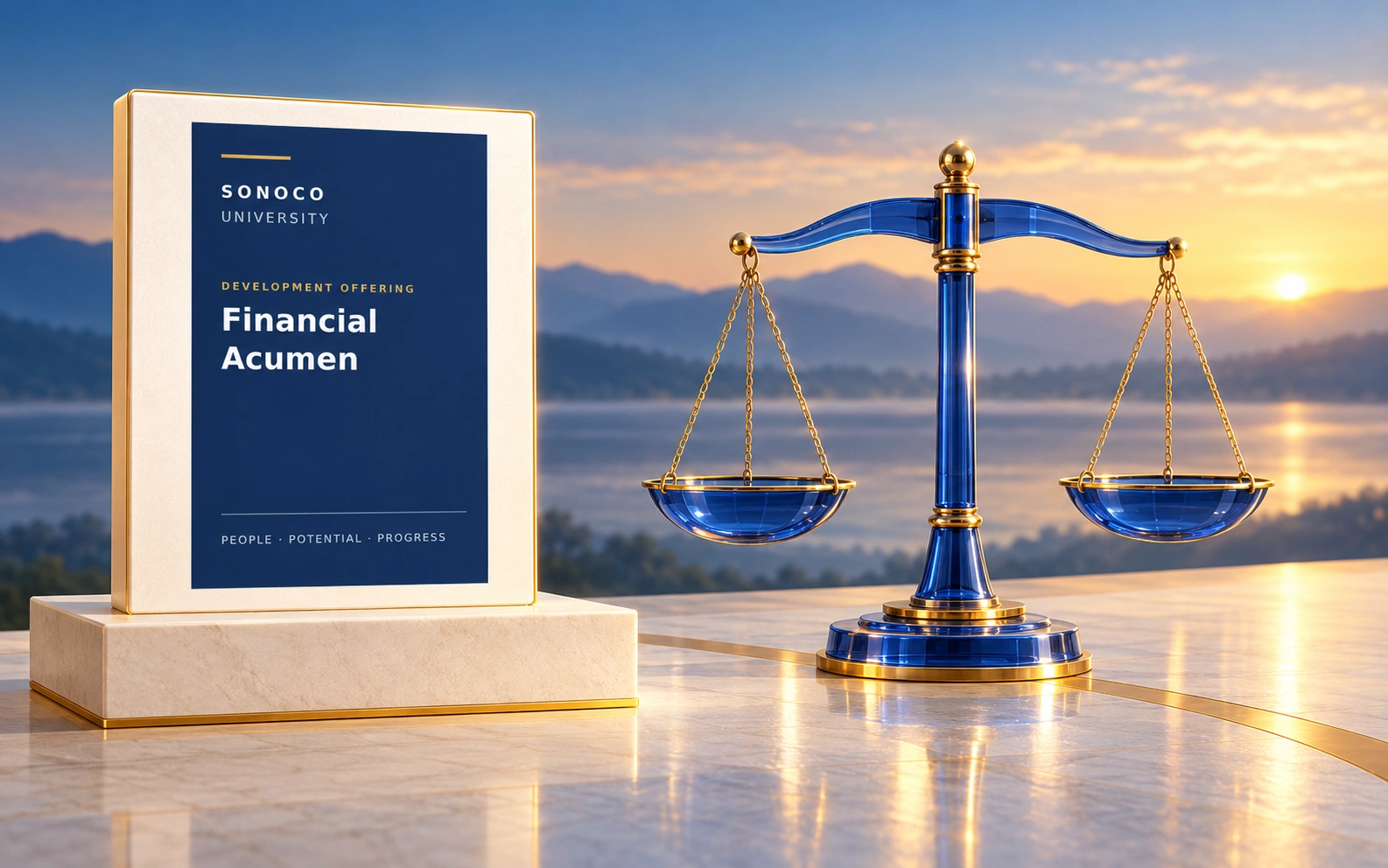 Financial Acumen program cover beside a blue-and-gold balance scale.
