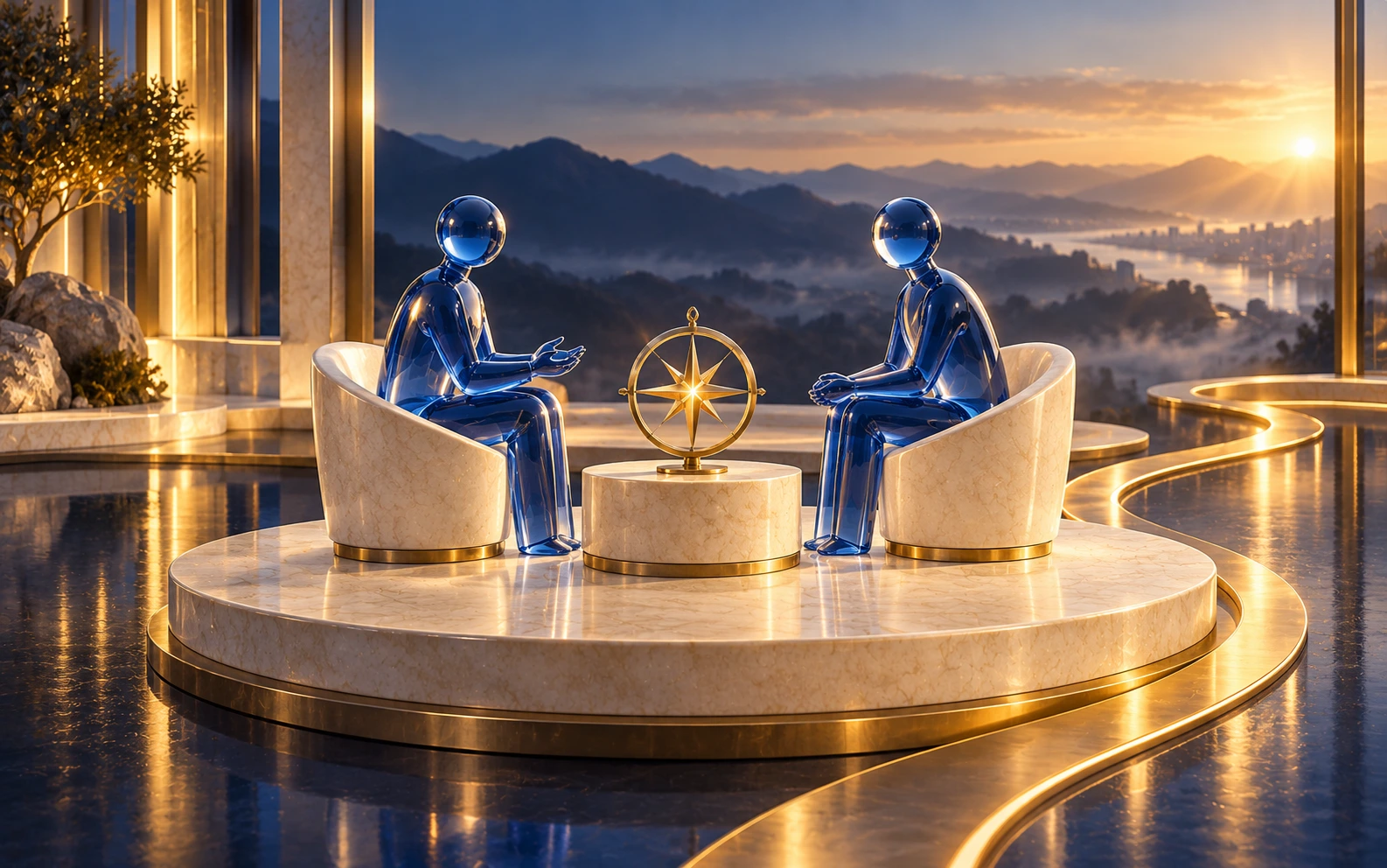 Two glass figures seated facing each other in stone chairs with a gold compass on the table between them.