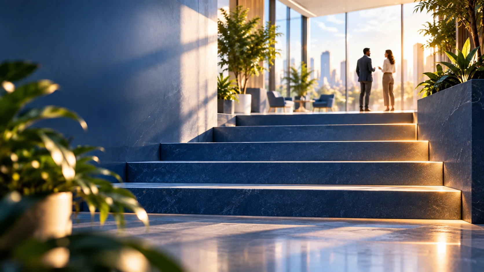 Wide stone steps rising toward two colleagues talking beside a bright window.