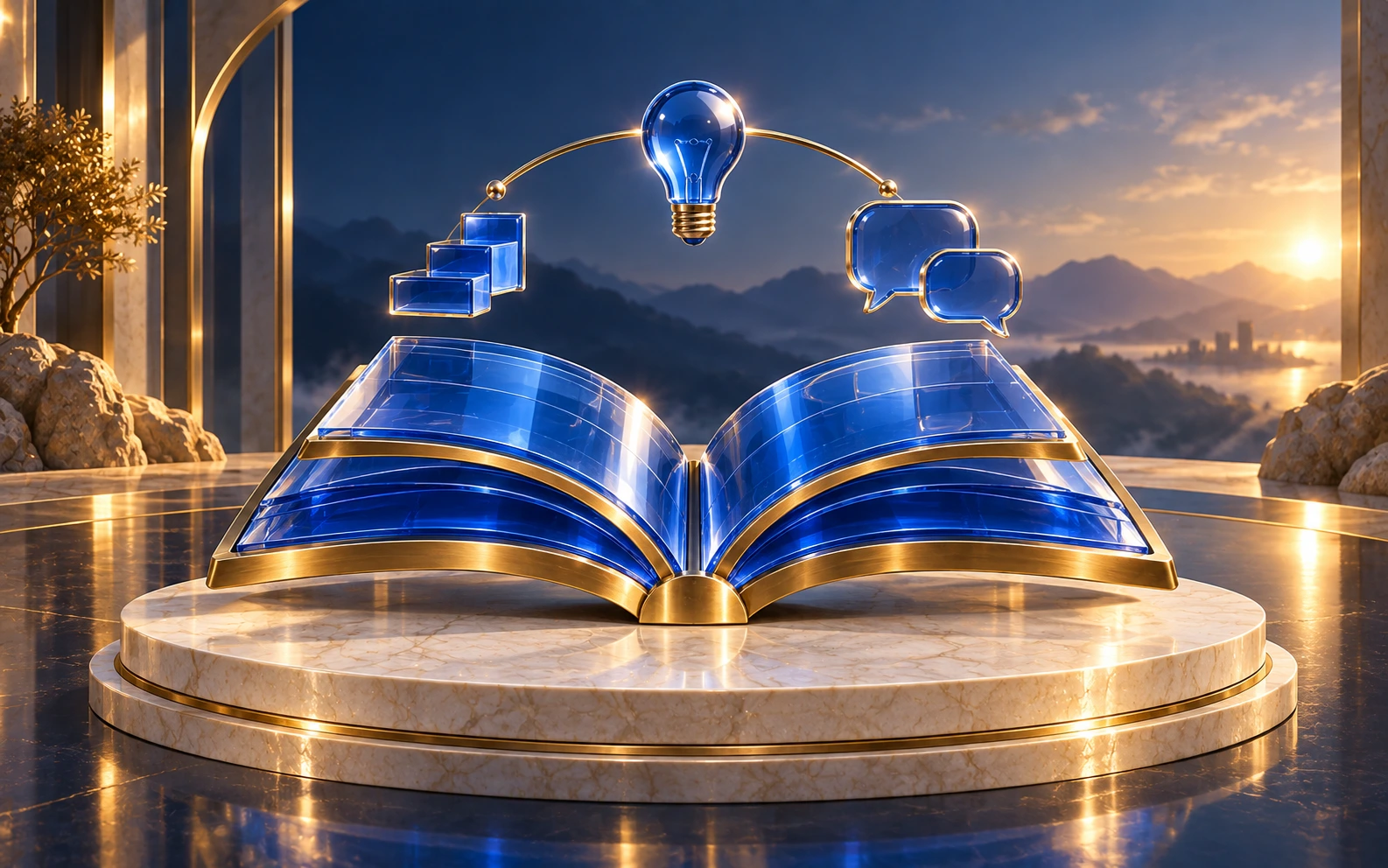An open blue glass book with a glowing bulb, rising steps and speech bubbles floating above it.