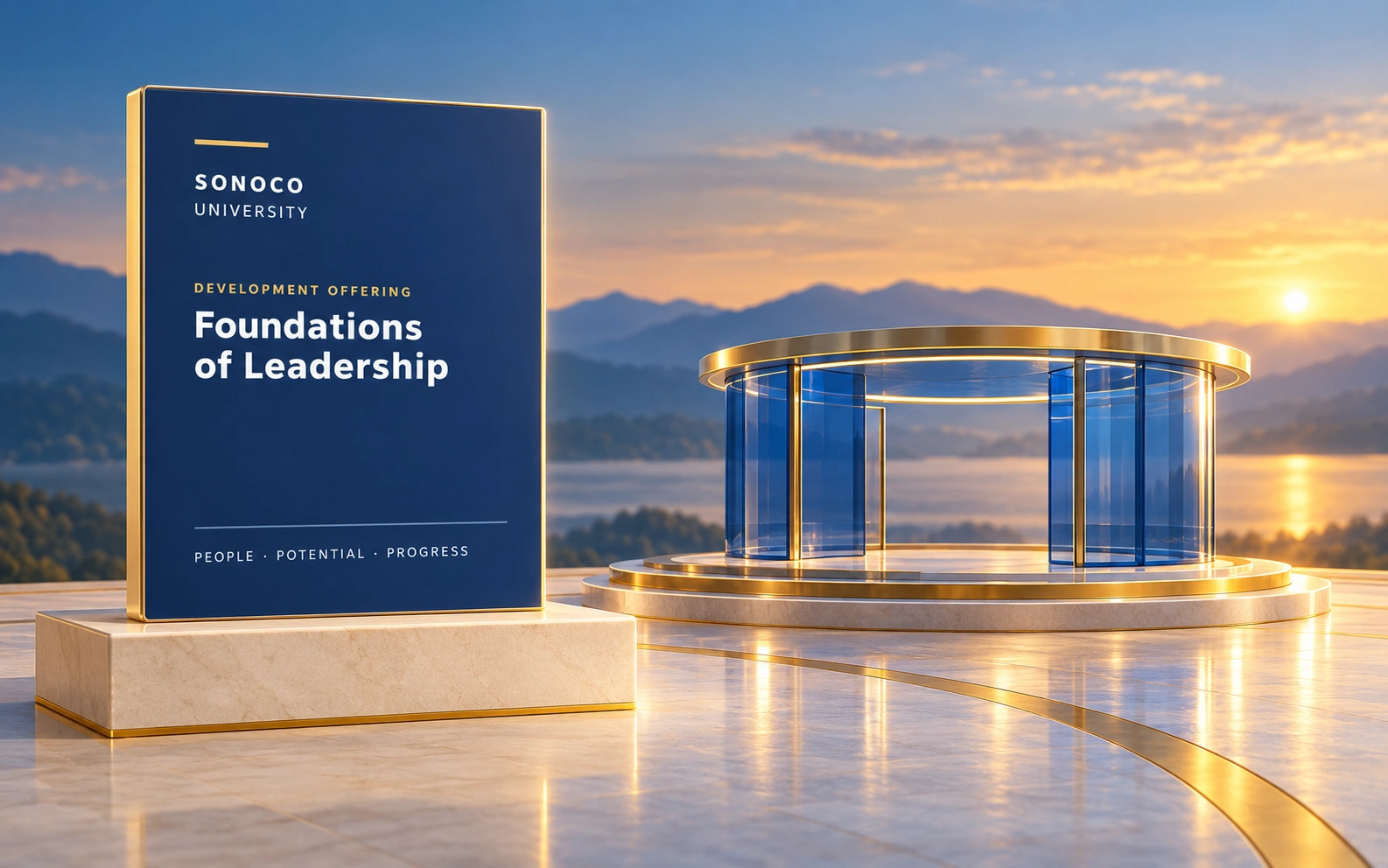 Foundations of Leadership program cover beside a glass pavilion on tiered platforms.