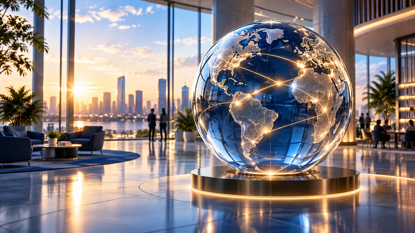 A softly lit glass globe on a stone surface, suggesting development reaching across the organization.