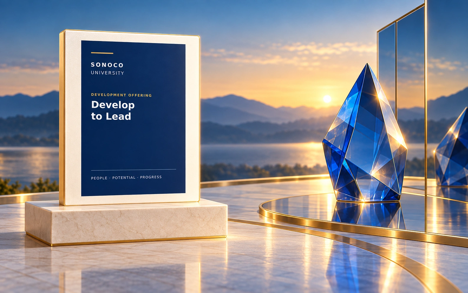 Develop to Lead program cover beside a faceted blue crystal and reflective gold panels.