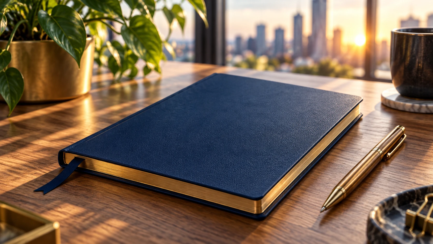 A close editorial detail of a notebook and pen in warm light, suggesting steady progress.