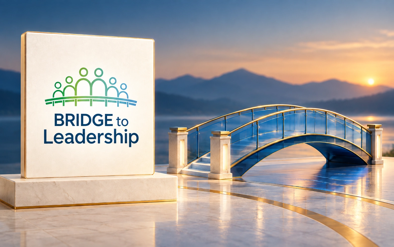 BRIDGE to Leadership program cover beside a blue-and-gold bridge at sunrise.