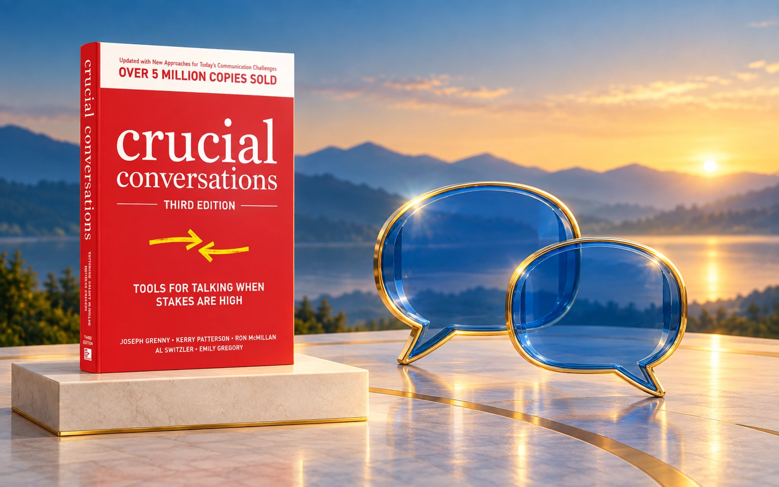 Crucial Conversations book cover beside two linked blue speech bubbles.