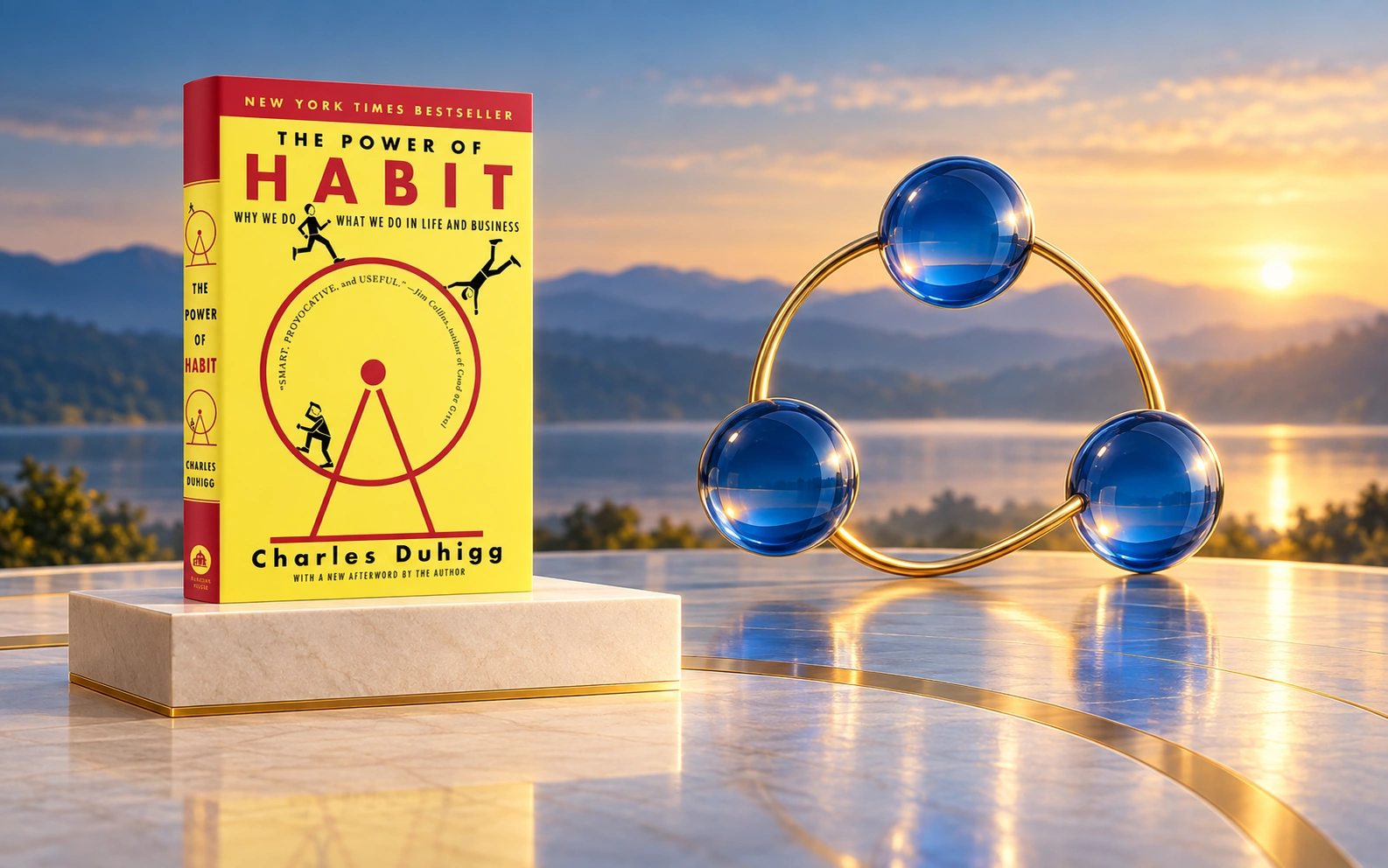 The Power of Habit book cover beside three blue nodes joined by a gold loop.