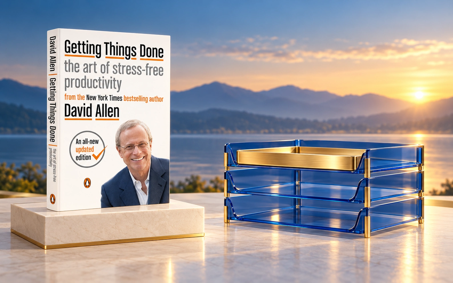 Getting Things Done book cover beside stacked blue organization trays.