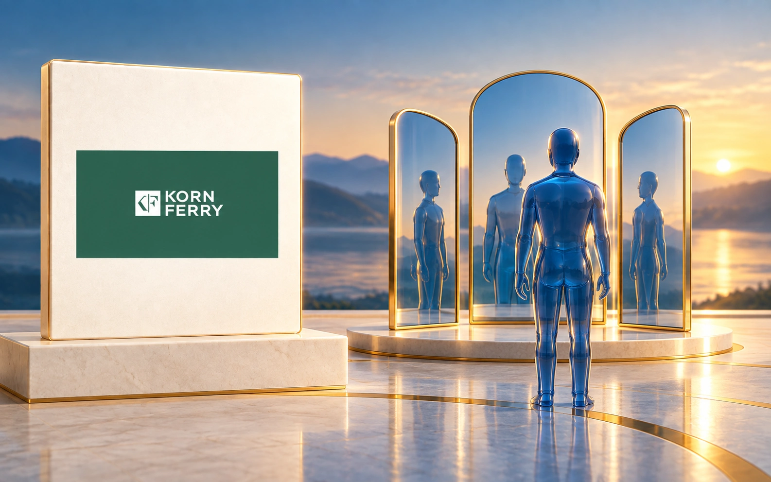 Korn Ferry 360 program cover beside a blue figure facing five gold-framed mirrors.